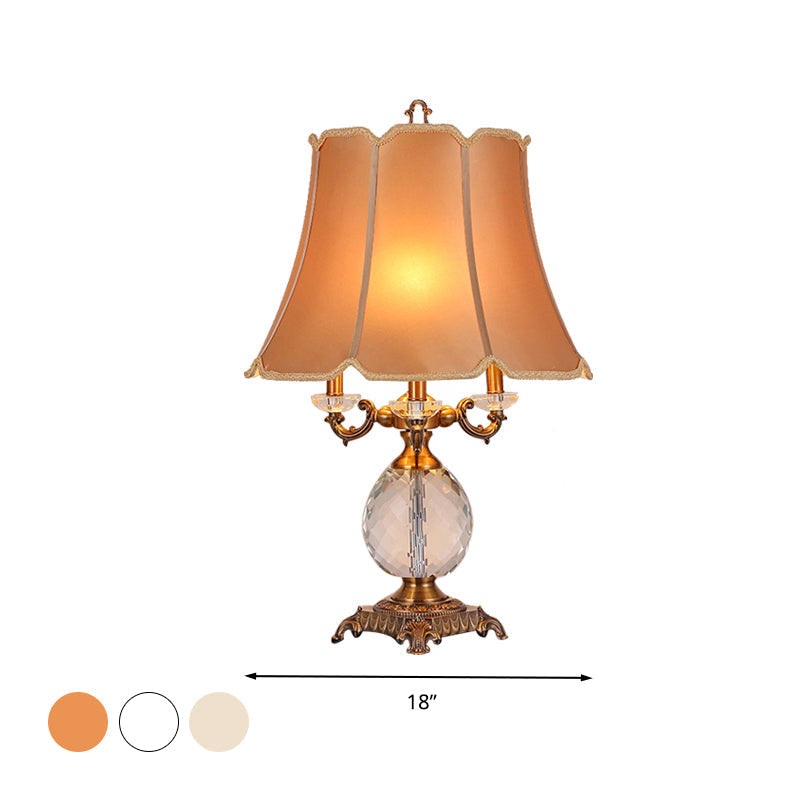 1-Light Lodge Paneled Bell Fabric Table Lamp In White/Beige With Crystal Accent For Bedroom