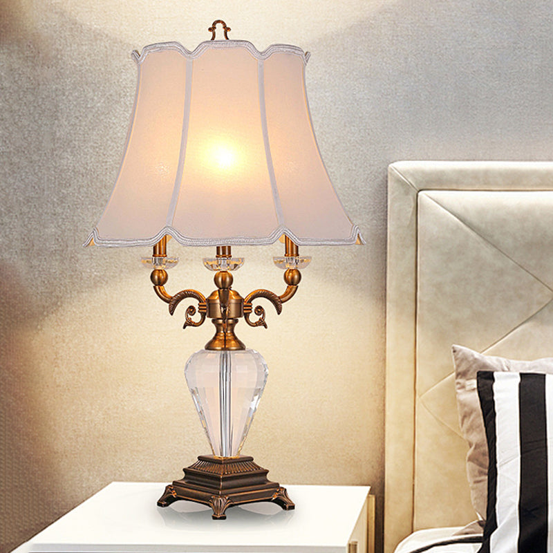 1-Light Lodge Paneled Bell Fabric Table Lamp In White/Beige With Crystal Accent For Bedroom White