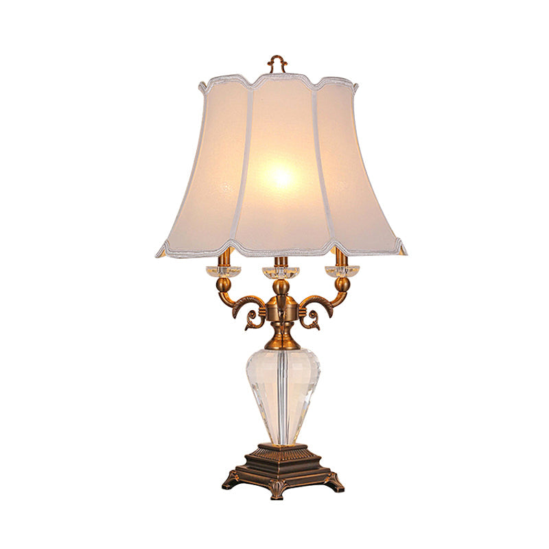 1-Light Lodge Paneled Bell Fabric Table Lamp In White/Beige With Crystal Accent For Bedroom