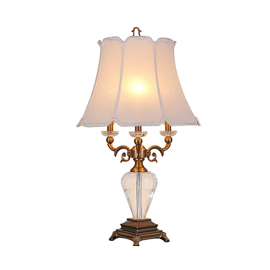 1-Light Lodge Paneled Bell Fabric Table Lamp In White/Beige With Crystal Accent For Bedroom