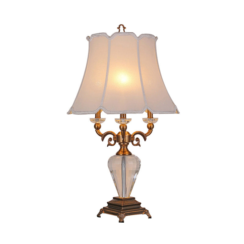 1-Light Lodge Paneled Bell Fabric Table Lamp In White/Beige With Crystal Accent For Bedroom