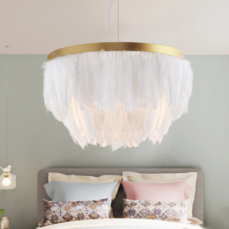 Contemporary Grey/White Suspension Lamp: 2-Tier Hanging Light With Fabric Shade For Living Room