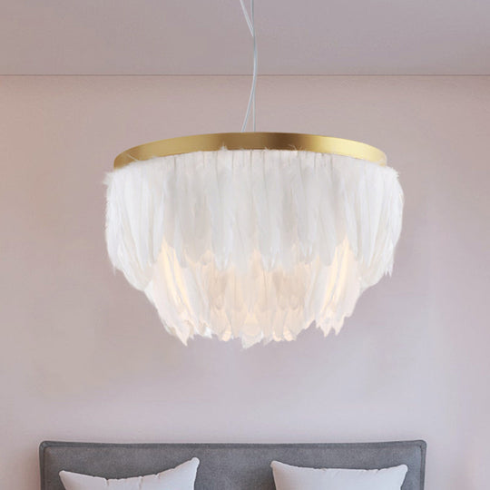 Contemporary Grey/White Suspension Lamp: 2-Tier Hanging Light With Fabric Shade For Living Room