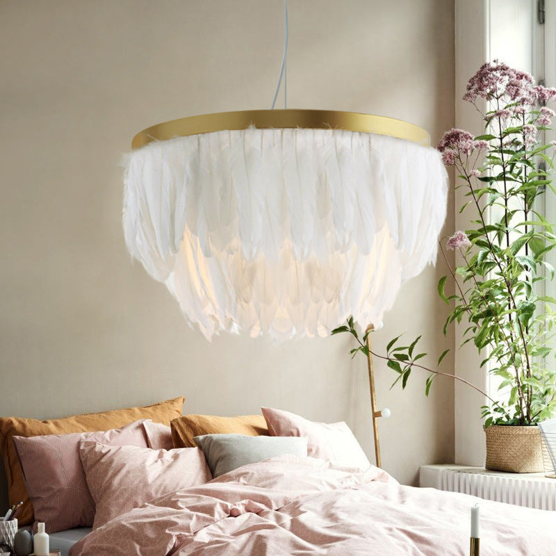 Contemporary Grey/White Suspension Lamp: 2-Tier Hanging Light With Fabric Shade For Living Room