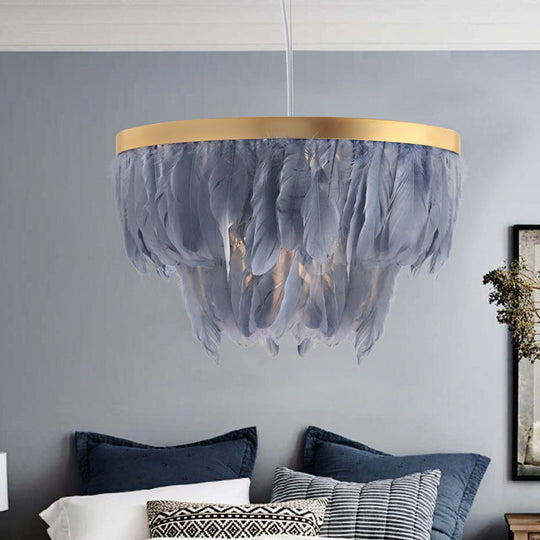 Contemporary Grey/White Suspension Lamp: 2-Tier Hanging Light With Fabric Shade For Living Room