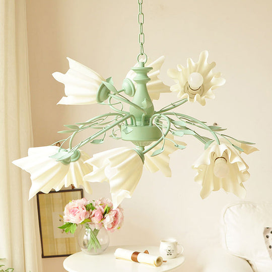 Modern Metal 9-Bulb Green Flower Chandelier Pendant Light For Living Room