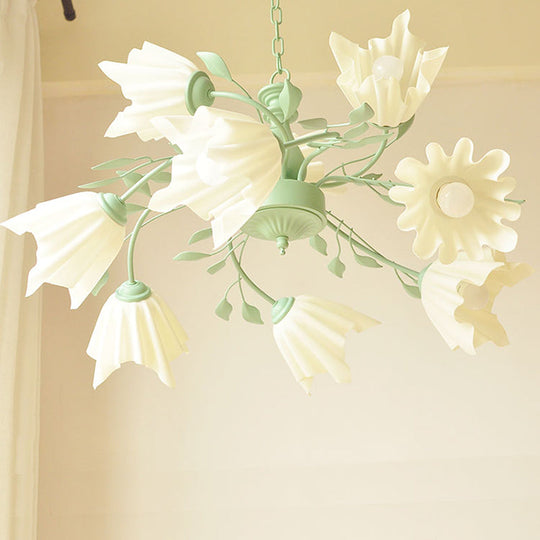 Modern Metal 9-Bulb Green Flower Chandelier Pendant Light For Living Room