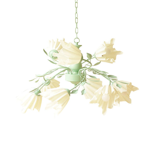 Modern Metal 9-Bulb Green Flower Chandelier Pendant Light For Living Room