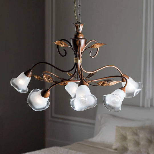 Modern 6-Light Bedroom Chandelier: Red Brown Pendant Light With Frosted Flower Glass Shade