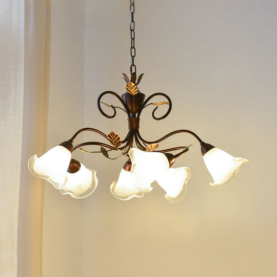 Modern 6-Light Bedroom Chandelier: Red Brown Pendant Light With Frosted Flower Glass Shade