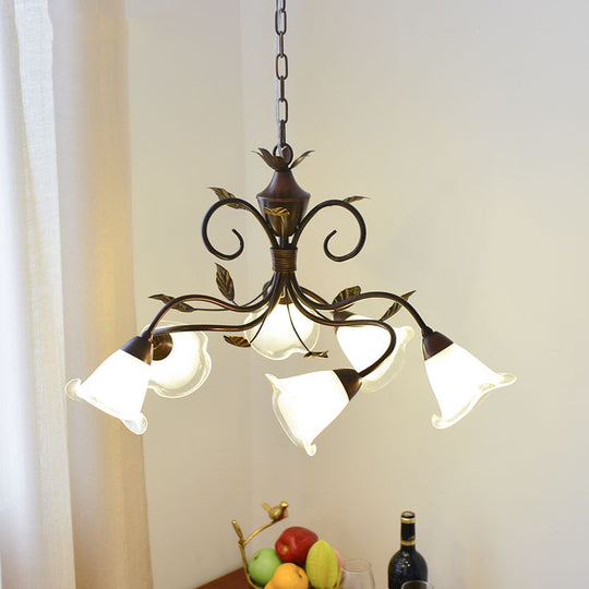 Modern 6-Light Bedroom Chandelier: Red Brown Pendant Light With Frosted Flower Glass Shade