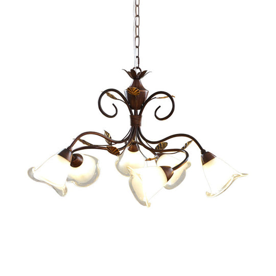 Modern 6-Light Bedroom Chandelier: Red Brown Pendant Light With Frosted Flower Glass Shade