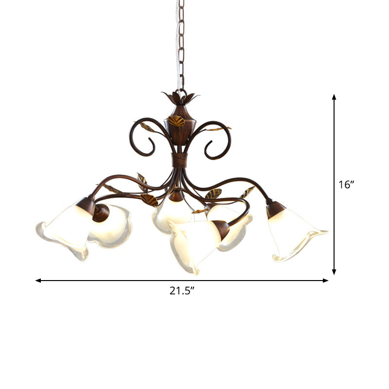 Modern 6-Light Bedroom Chandelier: Red Brown Pendant Light With Frosted Flower Glass Shade