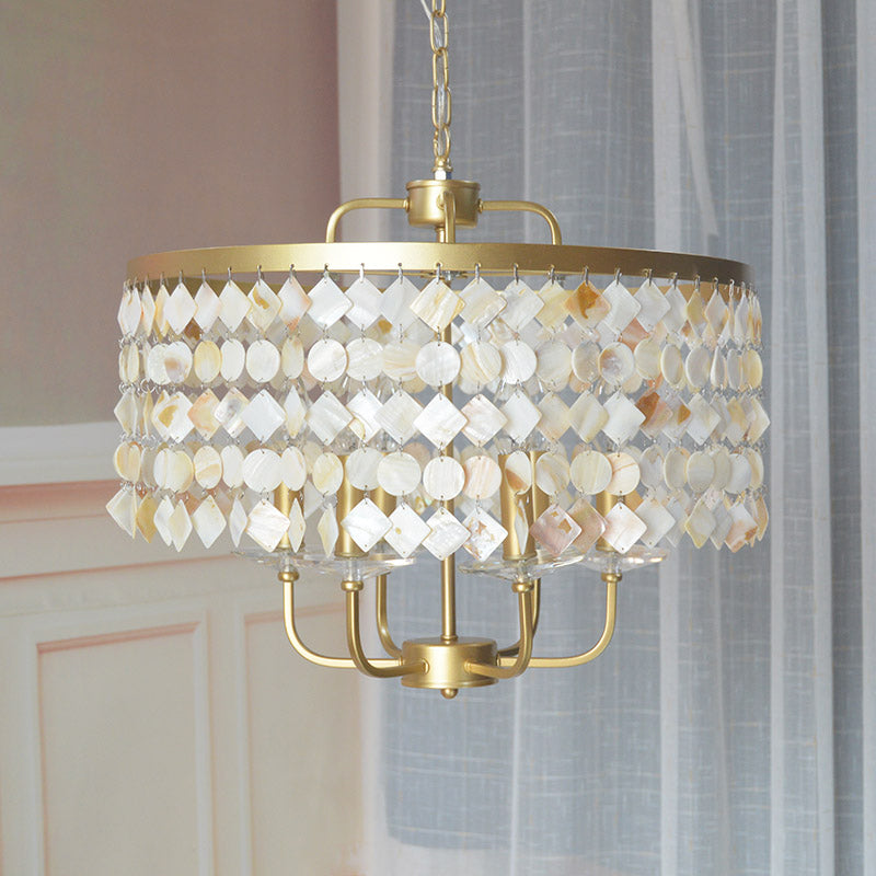 Brass Shell Suspended Ceiling Chandelier With Traditional Drum Design - 4/6 Bulbs