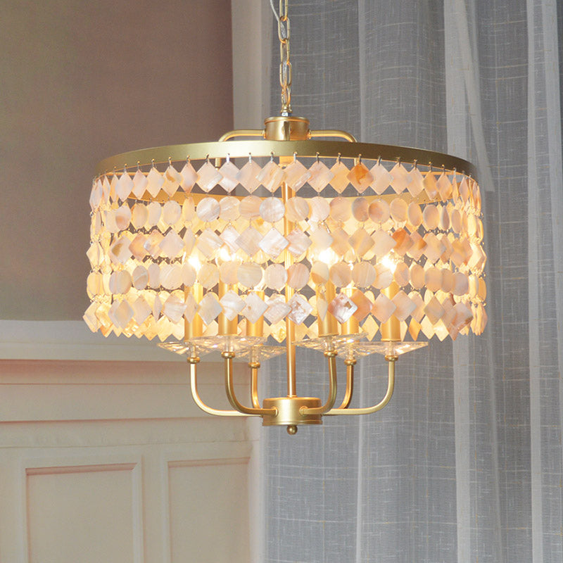 Brass Shell Suspended Ceiling Chandelier With Traditional Drum Design - 4/6 Bulbs