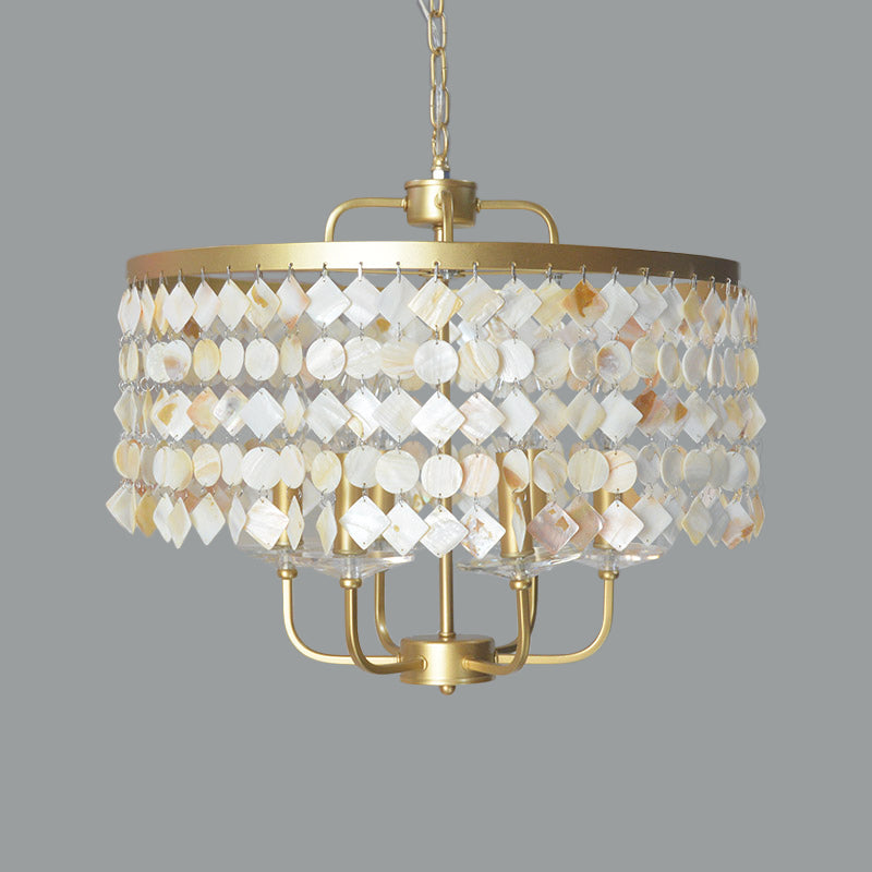 Brass Shell Suspended Ceiling Chandelier With Traditional Drum Design - 4/6 Bulbs