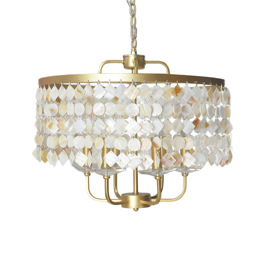 Brass Shell Suspended Ceiling Chandelier With Traditional Drum Design - 4/6 Bulbs