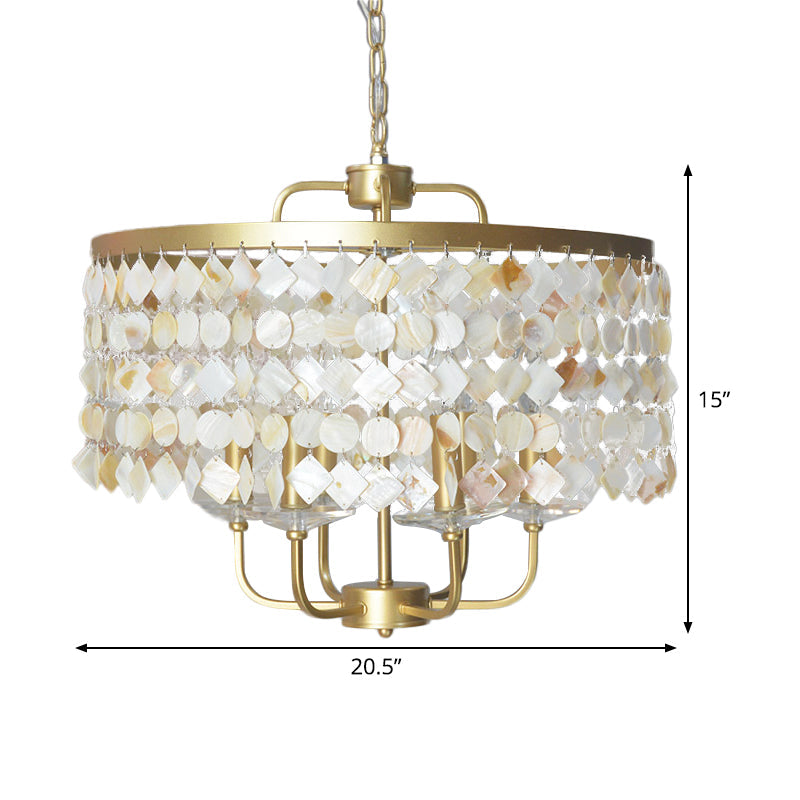 Brass Shell Suspended Ceiling Chandelier With Traditional Drum Design - 4/6 Bulbs