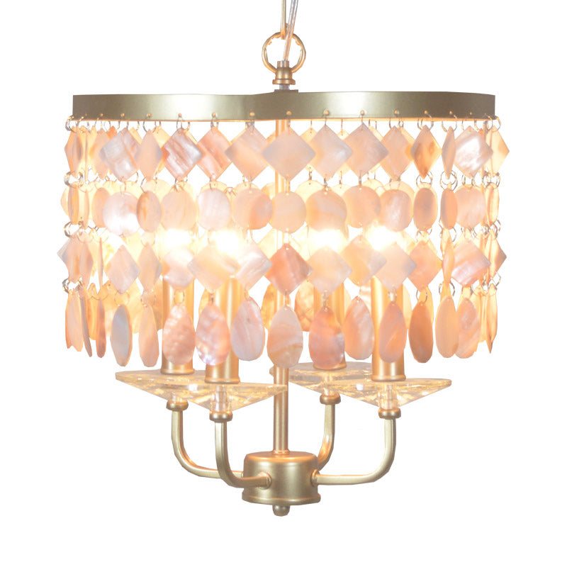 Brass Shell Suspended Ceiling Chandelier With Traditional Drum Design - 4/6 Bulbs