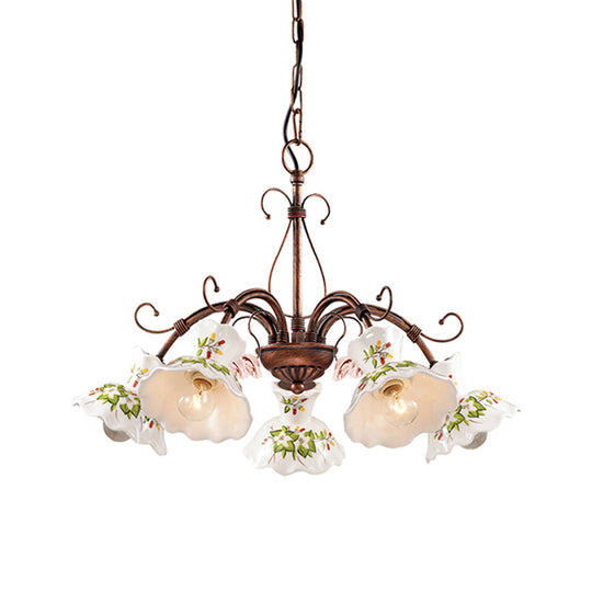 Traditional Frosted Glass Spur Pendant Chandelier With Flower Disk Shade - Rust Hanging Ceiling