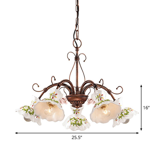 Traditional Frosted Glass Spur Pendant Chandelier With Flower Disk Shade - Rust Hanging Ceiling