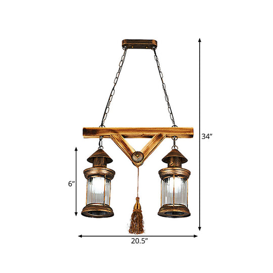 Vintage Brass Lantern Chandelier - Farmhouse Wooden Pendant Lamp With Down Lighting For Porch Or