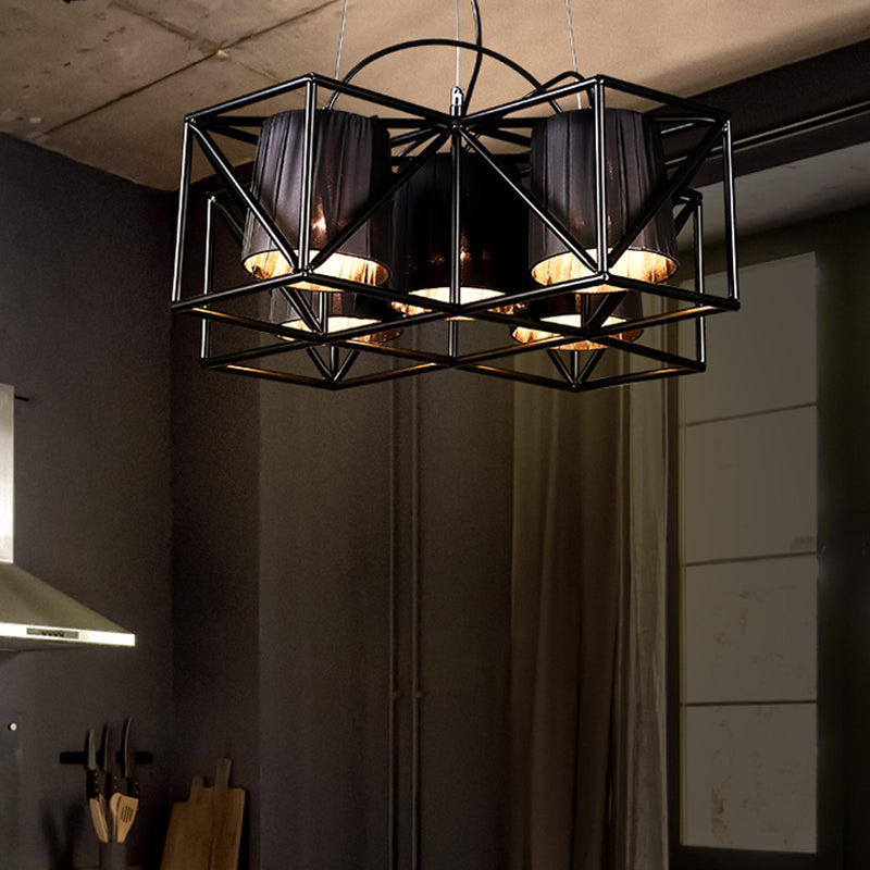 Industrial Black 5-Bulb Fabric Suspension Kitchen Chandelier Light