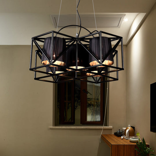 Industrial Black 5-Bulb Fabric Suspension Kitchen Chandelier Light