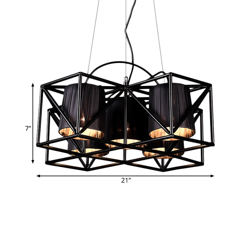 Industrial Black 5-Bulb Fabric Suspension Kitchen Chandelier Light