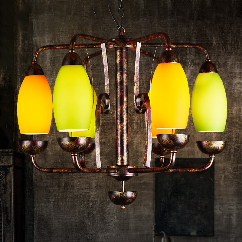 Rustic 6-Light Chandelier With Orange And Green Glass Shades - Perfect Bar Pendant Lamp Rust