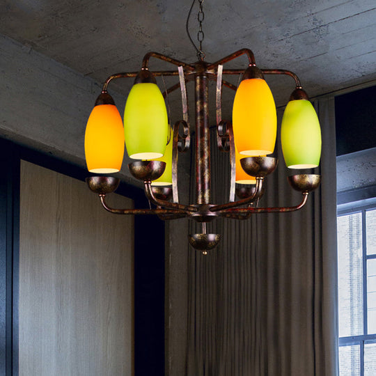 Rustic 6-Light Chandelier With Orange And Green Glass Shades - Perfect Bar Pendant Lamp