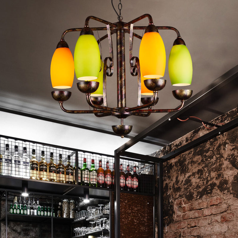 Rustic 6-Light Chandelier With Orange And Green Glass Shades - Perfect Bar Pendant Lamp