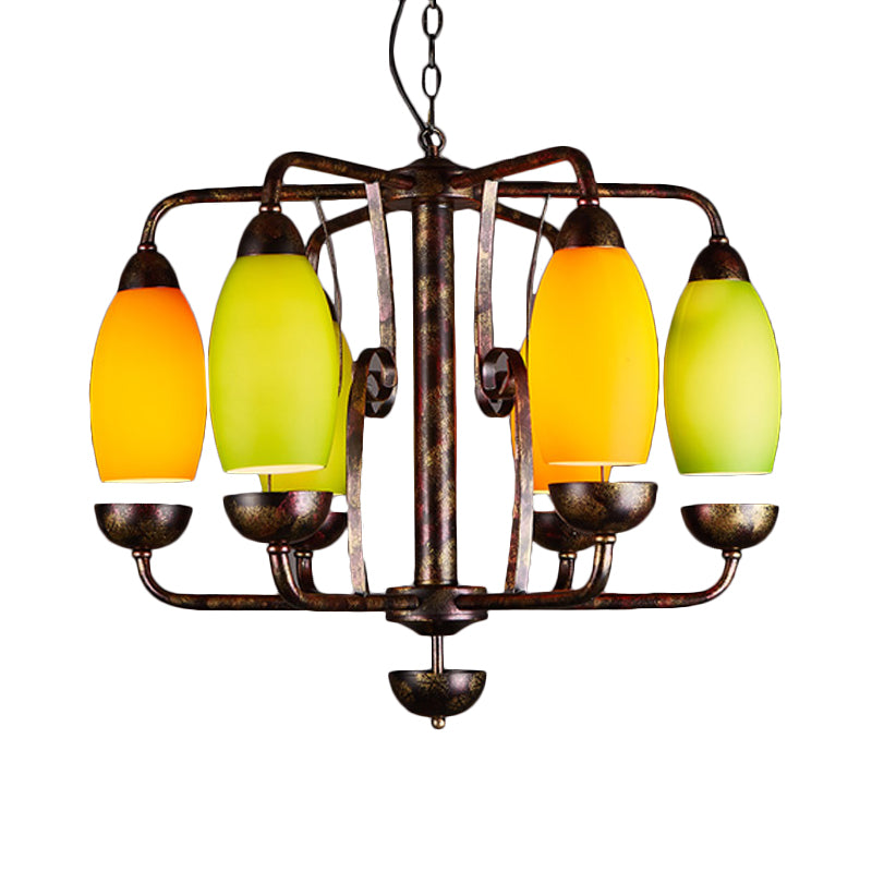 Rustic 6-Light Chandelier With Orange And Green Glass Shades - Perfect Bar Pendant Lamp