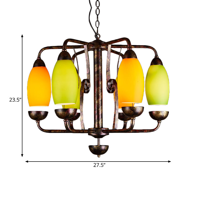 Rustic 6-Light Chandelier With Orange And Green Glass Shades - Perfect Bar Pendant Lamp