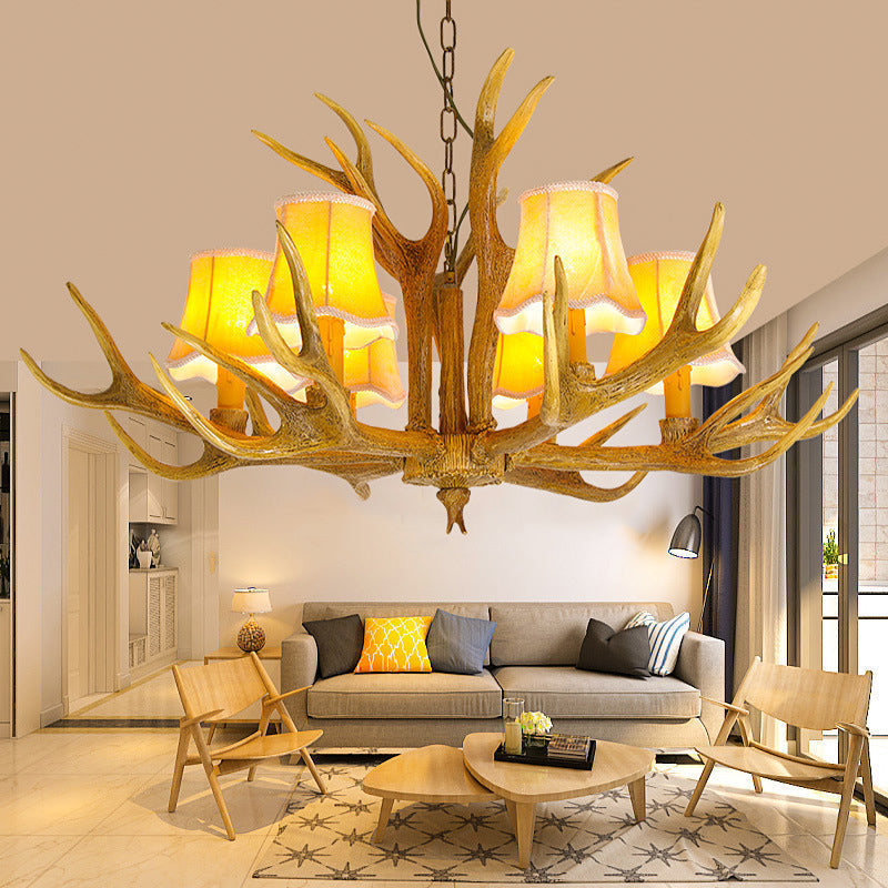 Traditional Resin Chandelier Pendant Light With Antler - Conical Shape Brown Finish 3/4/5 Bulbs