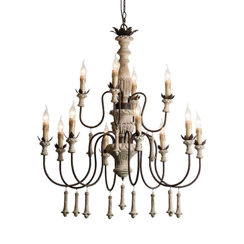 Rustic Brown 2-Tier Wood Chandelier Pendant Light - 12 Heads Curved Metal Arm For Living Room