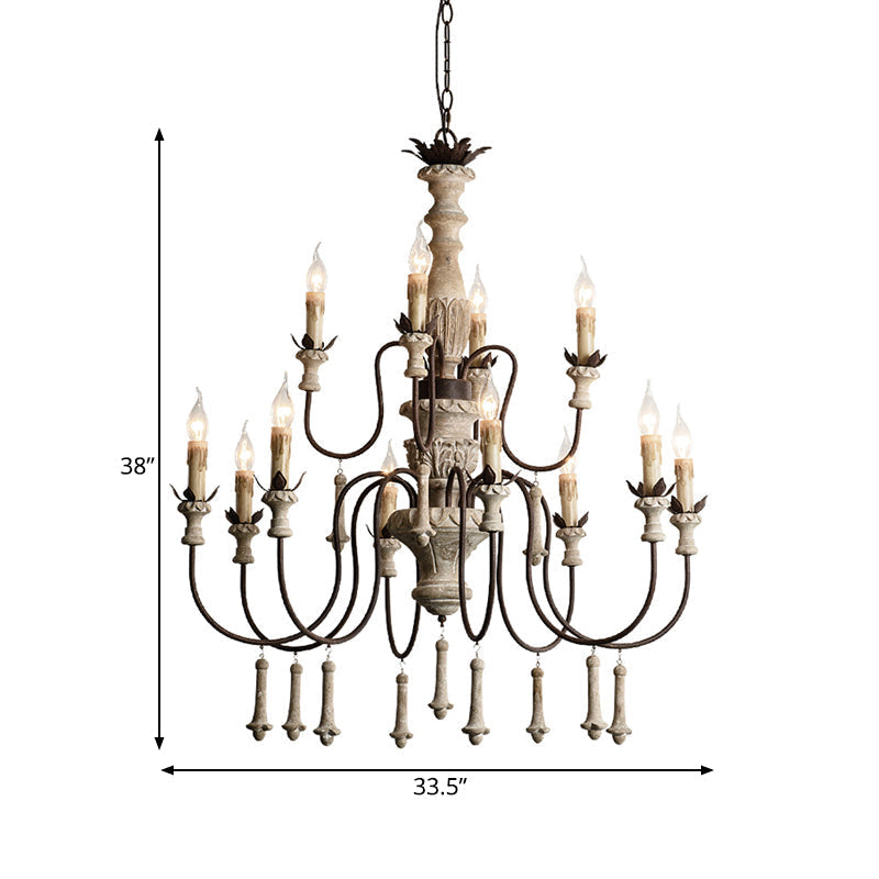 Rustic Brown 2-Tier Wood Chandelier Pendant Light - 12 Heads Curved Metal Arm For Living Room