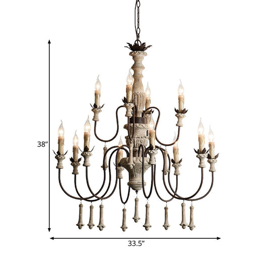 Rustic Brown 2-Tier Wood Chandelier Pendant Light - 12 Heads Curved Metal Arm For Living Room