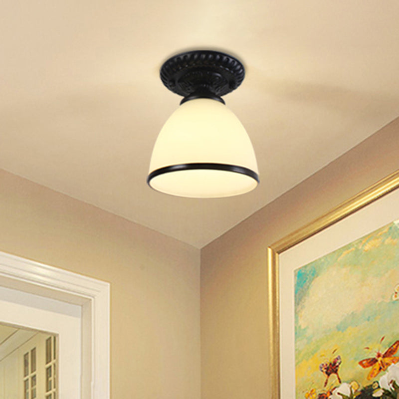 White Glass Flush Light with Traditional Black Cone for Corridor Ceiling