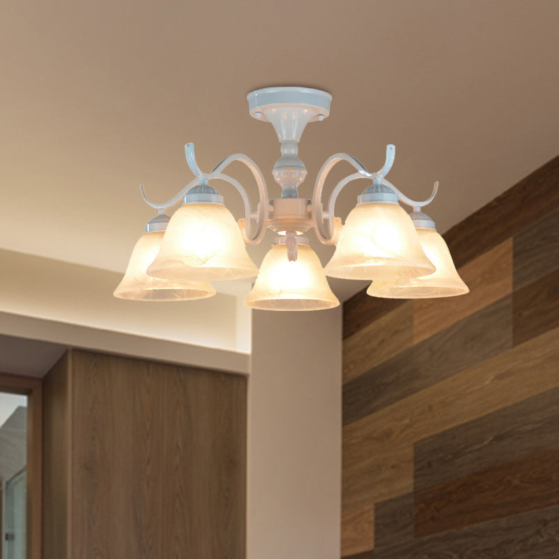 Frosted Glass Semi Flush Bedroom Ceiling Light in White - Traditional Bell Design - 3/5/6 Lights Fixture