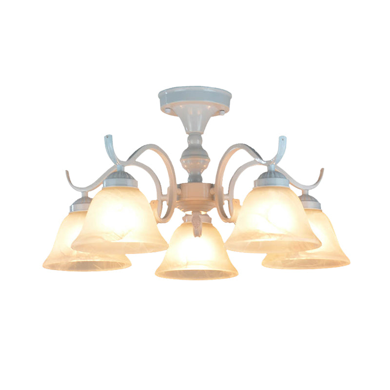 Frosted Glass Semi Flush Bedroom Ceiling Light In White - Traditional Bell Design 3/5/6 Lights