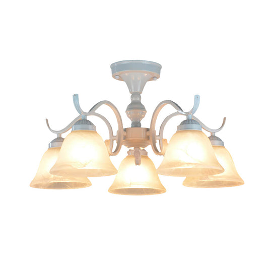 Frosted Glass Semi Flush Bedroom Ceiling Light In White - Traditional Bell Design 3/5/6 Lights