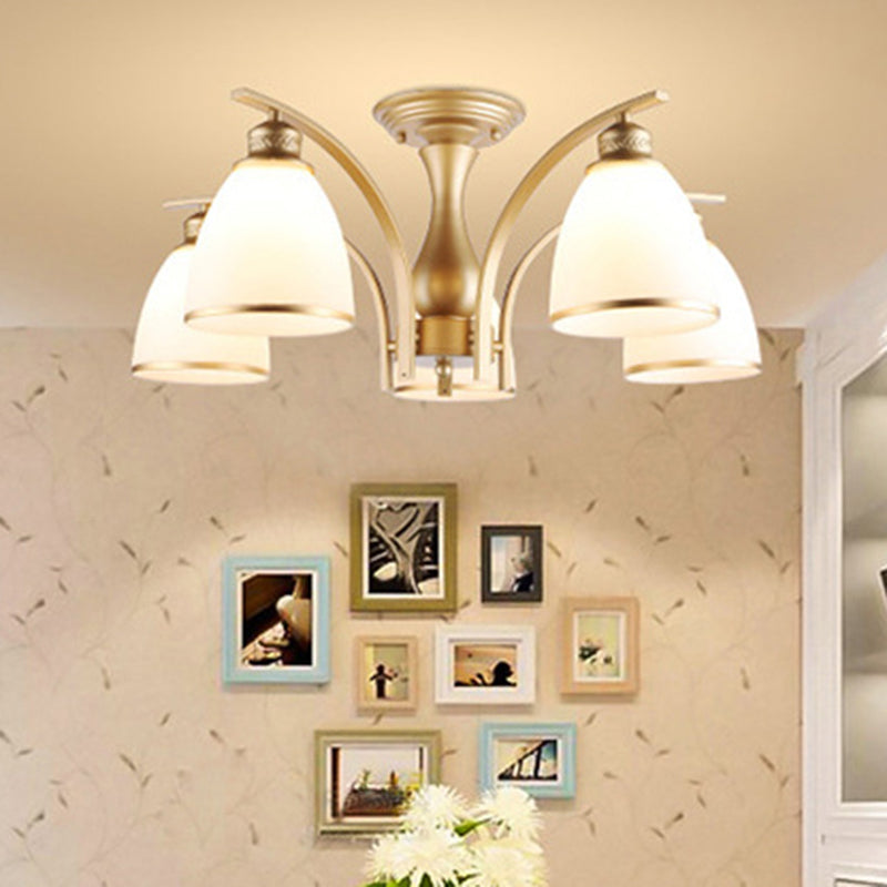 Classic Gold Semi Flush Mount Ceiling Light Fixture With Opal Glass Shades 3/5/8 Lights For Living