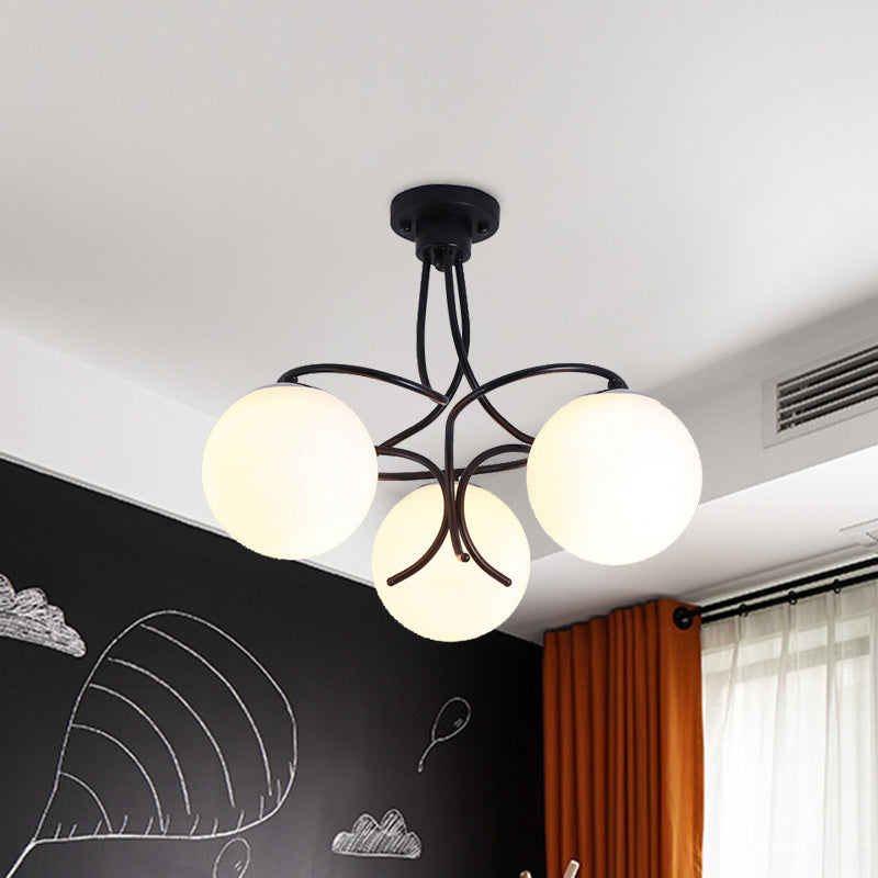 Traditional Milky Glass Semi Flush Ceiling Lamp - Black/White, 3/5 Lights for Living Room