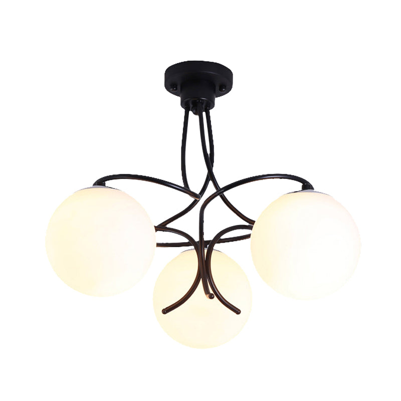 Traditional Milky Glass Semi Flush Ceiling Lamp - Black/White, 3/5 Lights for Living Room