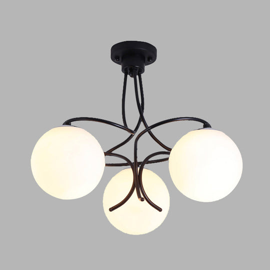 Traditional Milky Glass Semi Flush Ceiling Lamp - Black/White, 3/5 Lights for Living Room