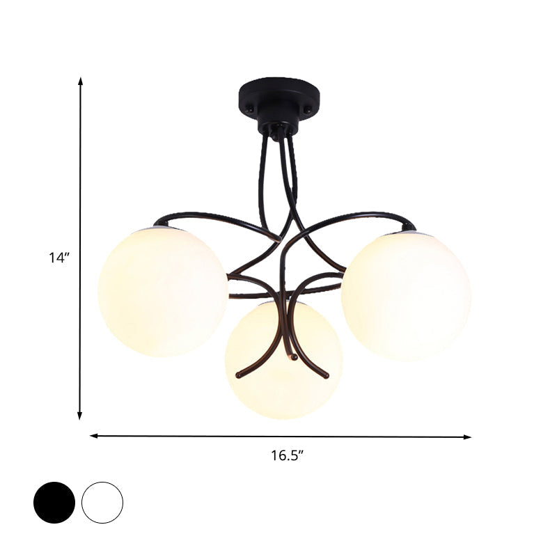 Traditional Milky Glass Semi Flush Ceiling Lamp - Black/White, 3/5 Lights for Living Room