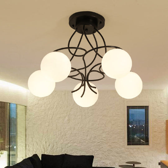 Traditional Milky Glass Semi Flush Ceiling Lamp - Black/White, 3/5 Lights for Living Room