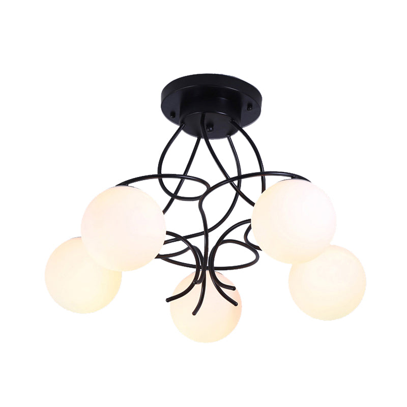 Traditional Milky Glass Semi Flush Ceiling Lamp - Black/White, 3/5 Lights for Living Room