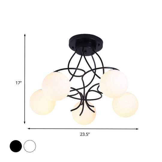 Traditional Milky Glass Semi Flush Ceiling Lamp - Black/White, 3/5 Lights for Living Room